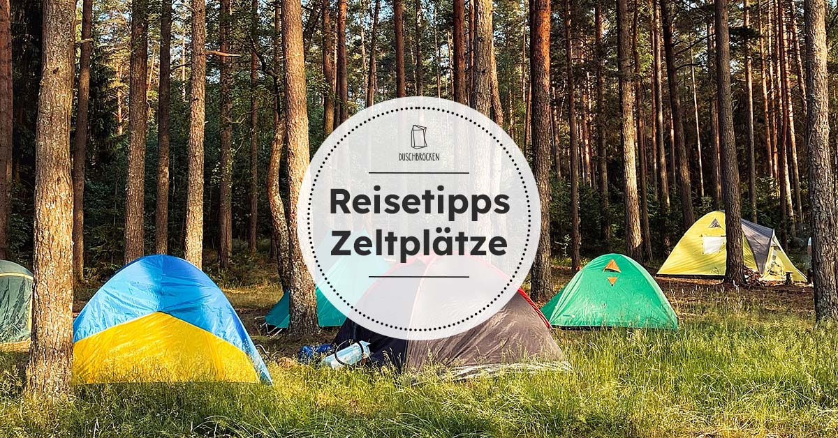 Zeltplatz mit verschiedenen Zelten unter den Bäumen im Wald