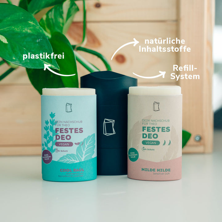 Festes Deo Duschbrocken beide Duefte und Theo Deobehaelter USPs