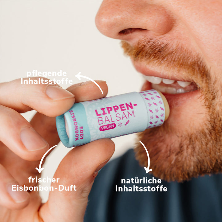 Eddy Eisbonbon Lippenbalsam wird auf Lippe aufgetragen USPs Mann