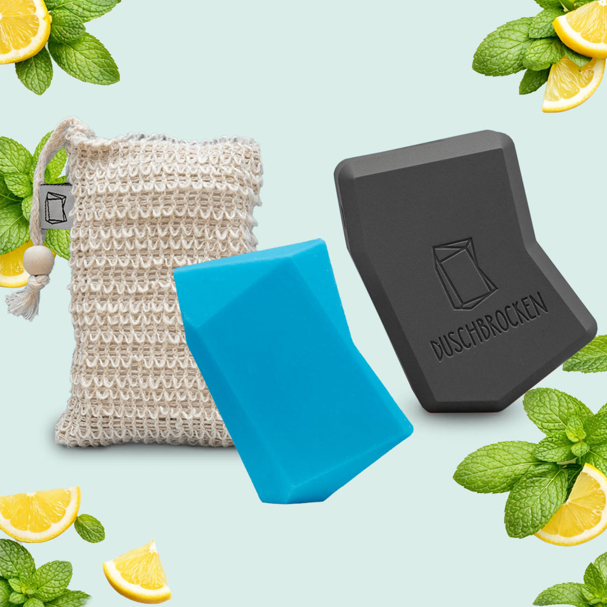 Duschbrocken Starter-Set: 1 Sisalsäckchen, 1 FAIRpackung, 1 Duschbrocken Maxi Minz