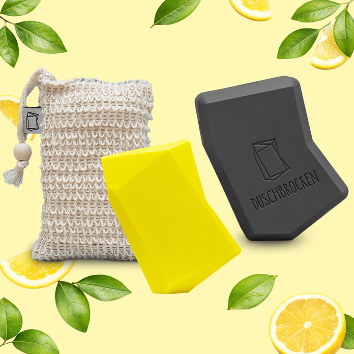 Duschbrocken Starter-Set: 1 Sisalsäckchen, 1 FAIRpackung, 1 Duschbrocken Toni Zitroni