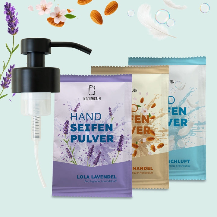 Seifen-Comeback-Geschenk mit schwarzem Pumpkopf und drei Handseifenpulver-Nachfüllbeuteln