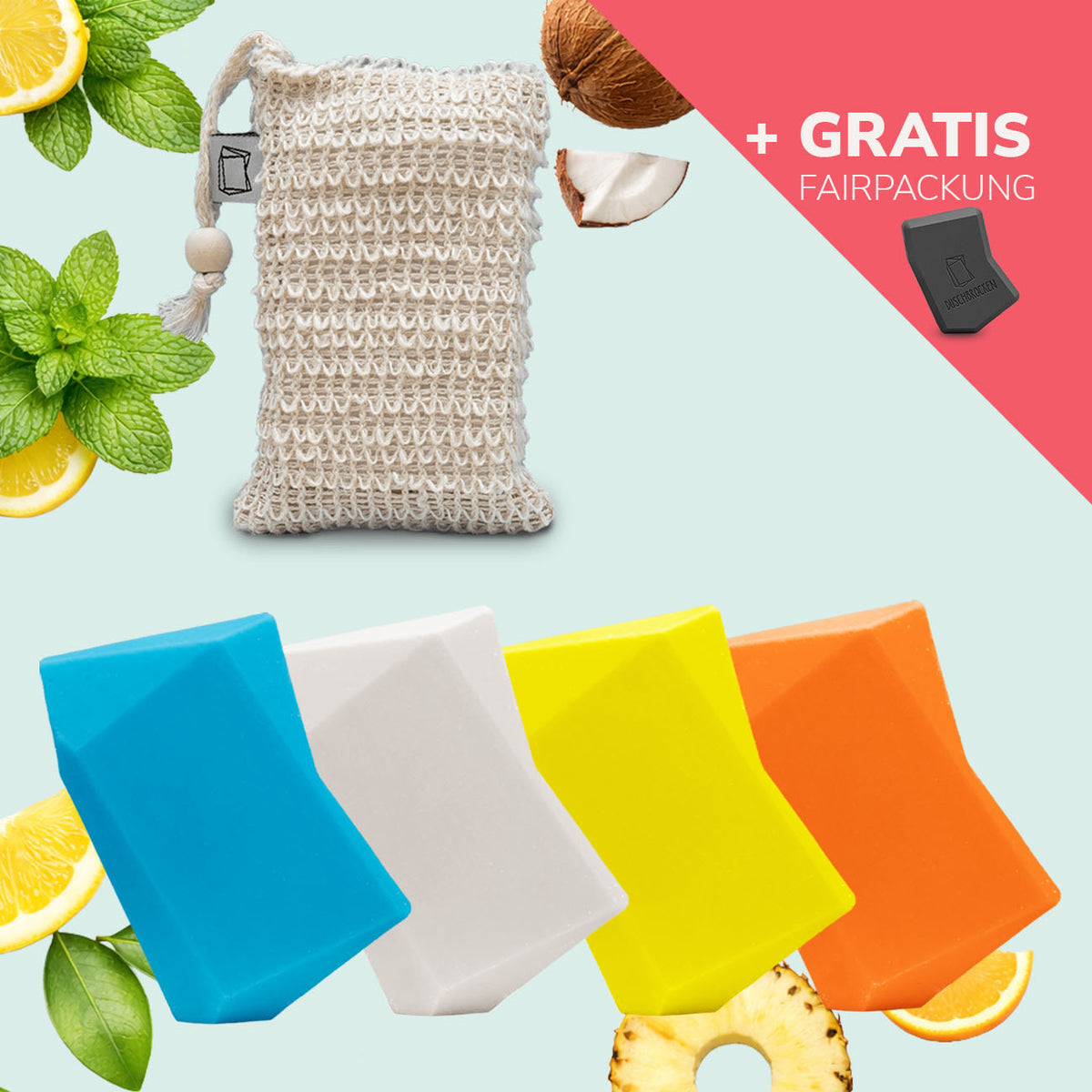 Duschbrocken Camping-Set mit FAIRpackung-Box und vier festen Shampoos