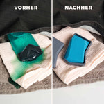 Vorher-Nachher-Vergleich: auslaufendes Duschgel gegen festen Duschbrocken auf einem Handtuch
